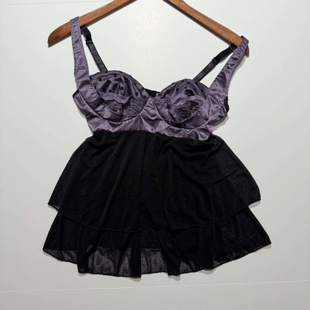 Coquette Women’s Purple and Black Polka Dot Babydoll Lingerie Top, Size S
